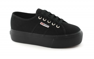 SUPERGA 01L0 total black nero scarpe donna sneakers platform lacci
